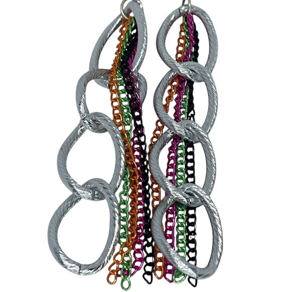 Silver Tone Earrings Chain Drop Style Fashion Trendy Stunning Statement Chic - Picture 1 of 8